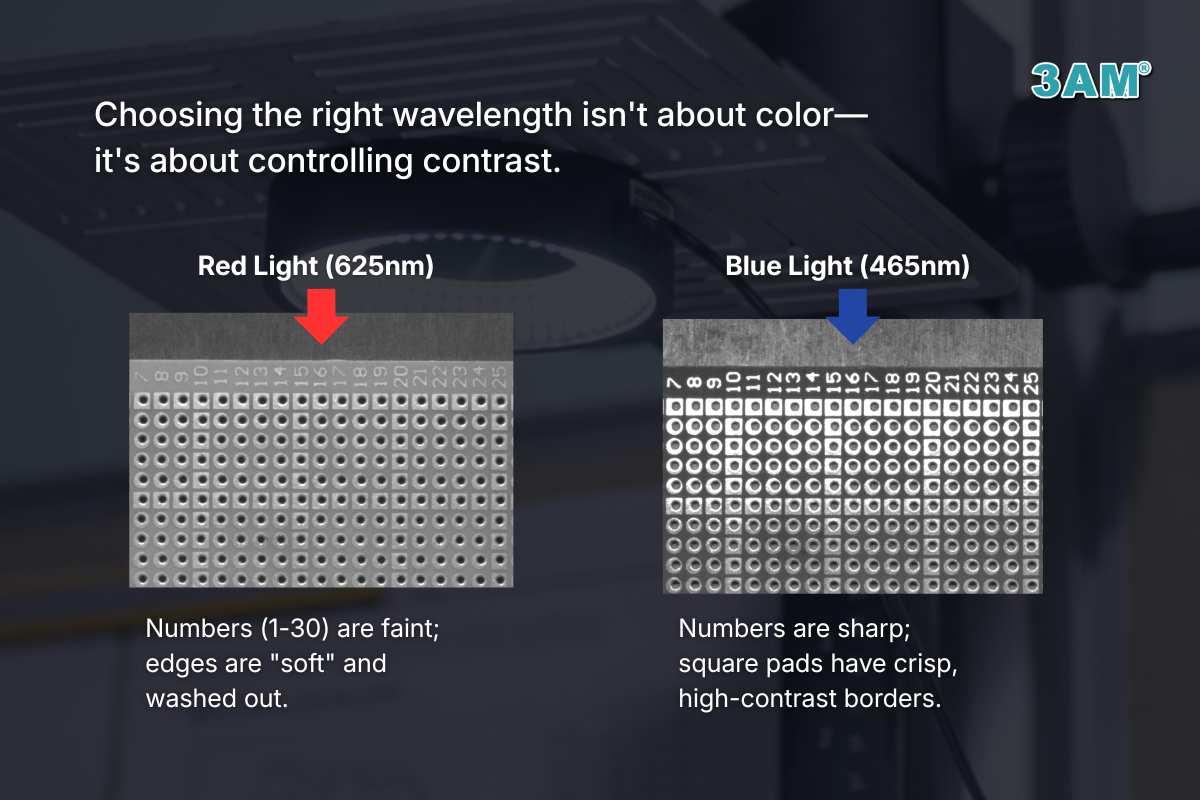 Comparison of machine vision lighting results on a copper plate: Red light (630nm) causing surface washout vs. Blue light (470nm) creating high-contrast inspection.